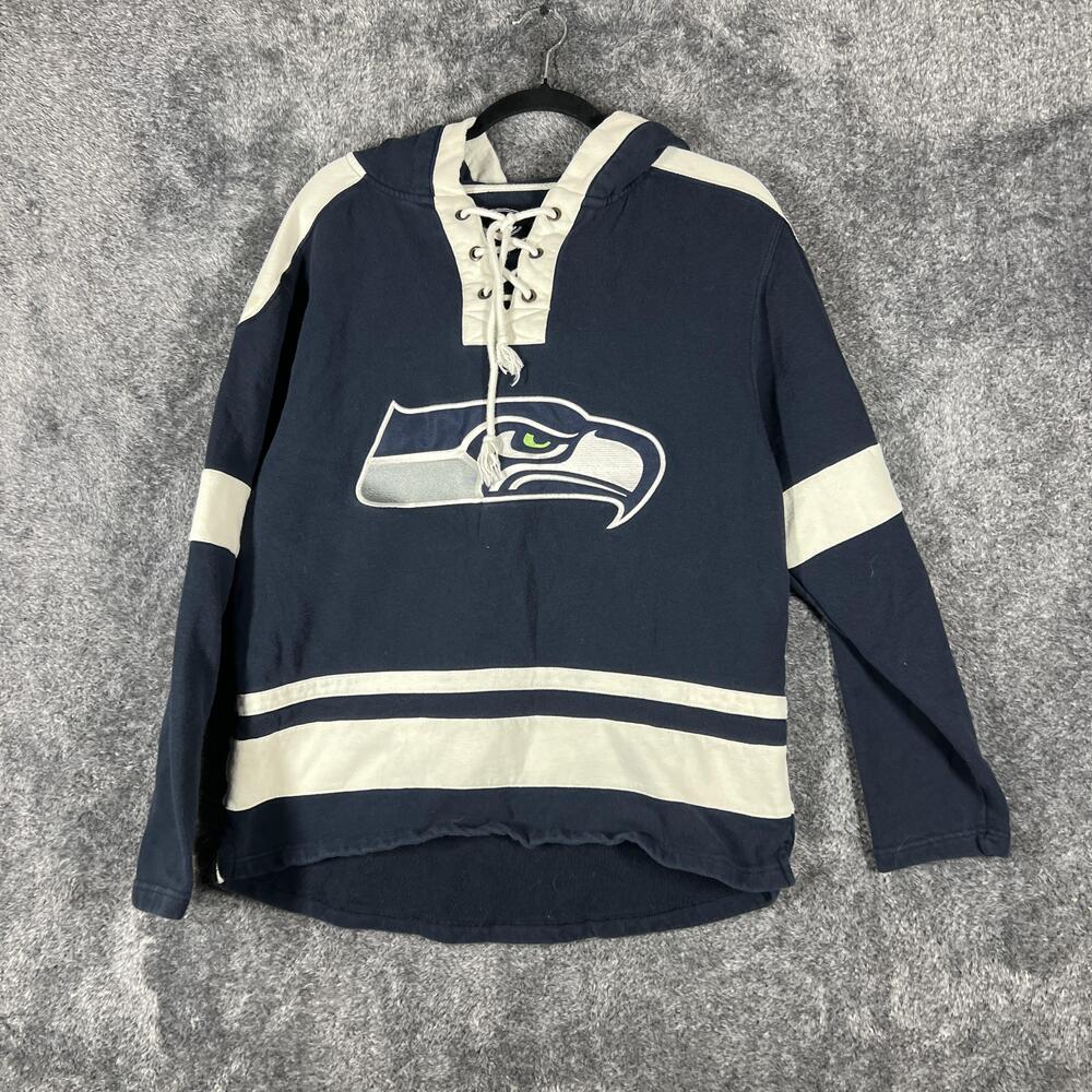 Seattle Seahawks Hoodie Womens S Blue Lace-Up V-Neck Fleece Lined Striped